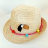 broche toucan en argile polymère présentée sur un chapeau